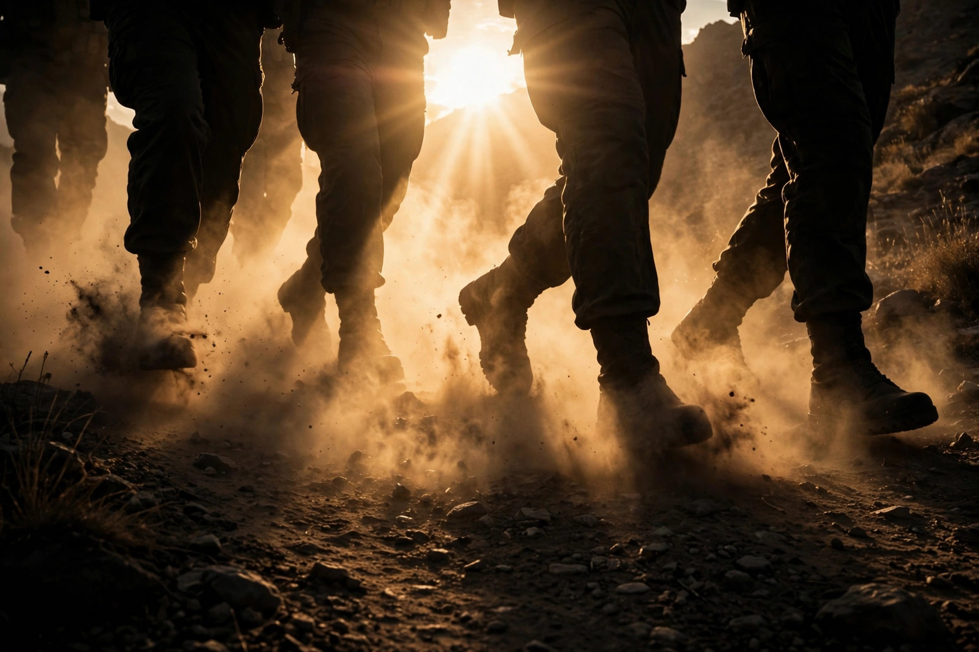 Boots marching through dust on a mountain path