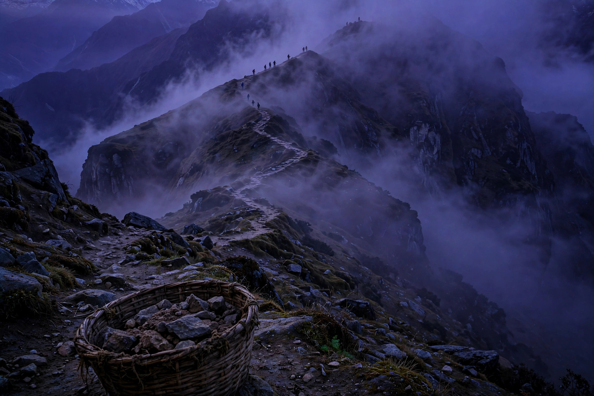 A stone-filled doko basket on a Himalayan trail at dawn