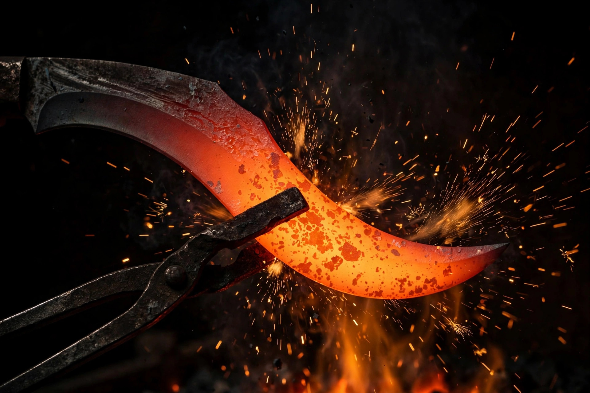 A kukri blade glowing in a forge