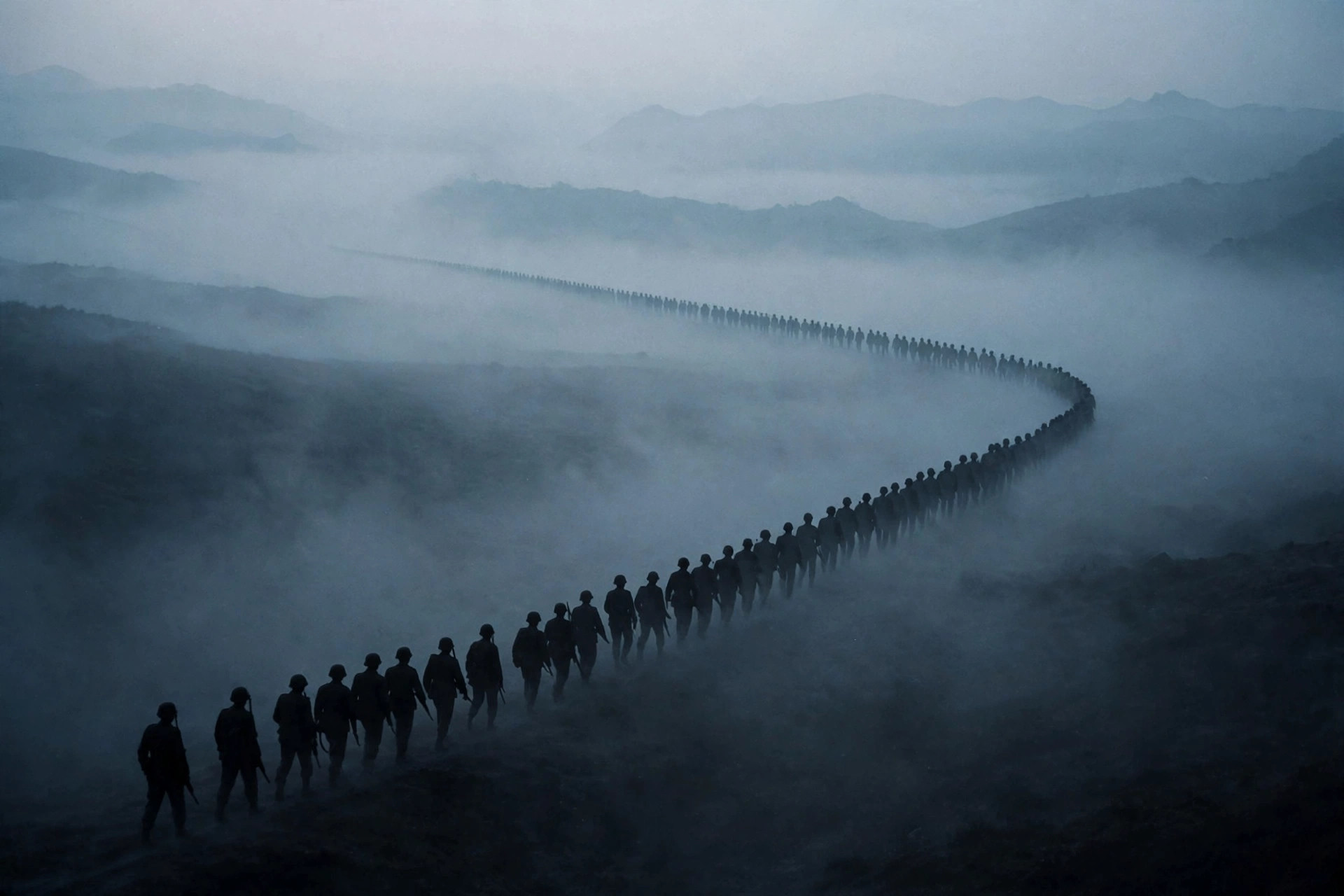 Soldiers marching through mist at dawn
