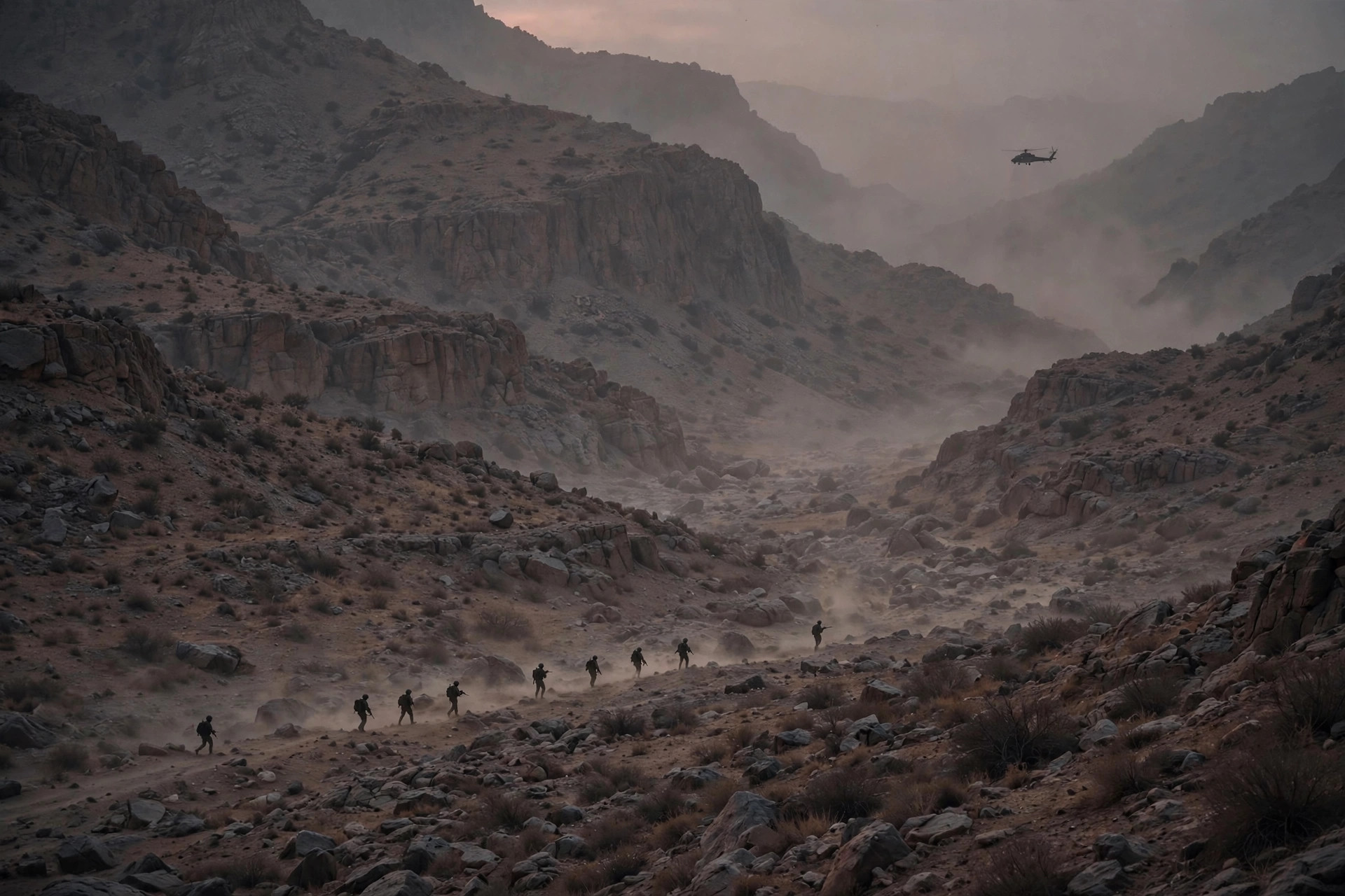 A patrol crossing a mountain valley at dusk